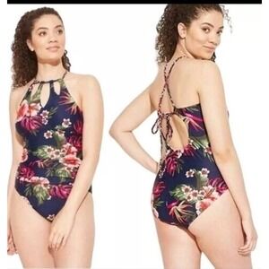 Kona Sol Keyhole Braided One Piece Swimsuit Woman's Size Large Royal Blue Floral